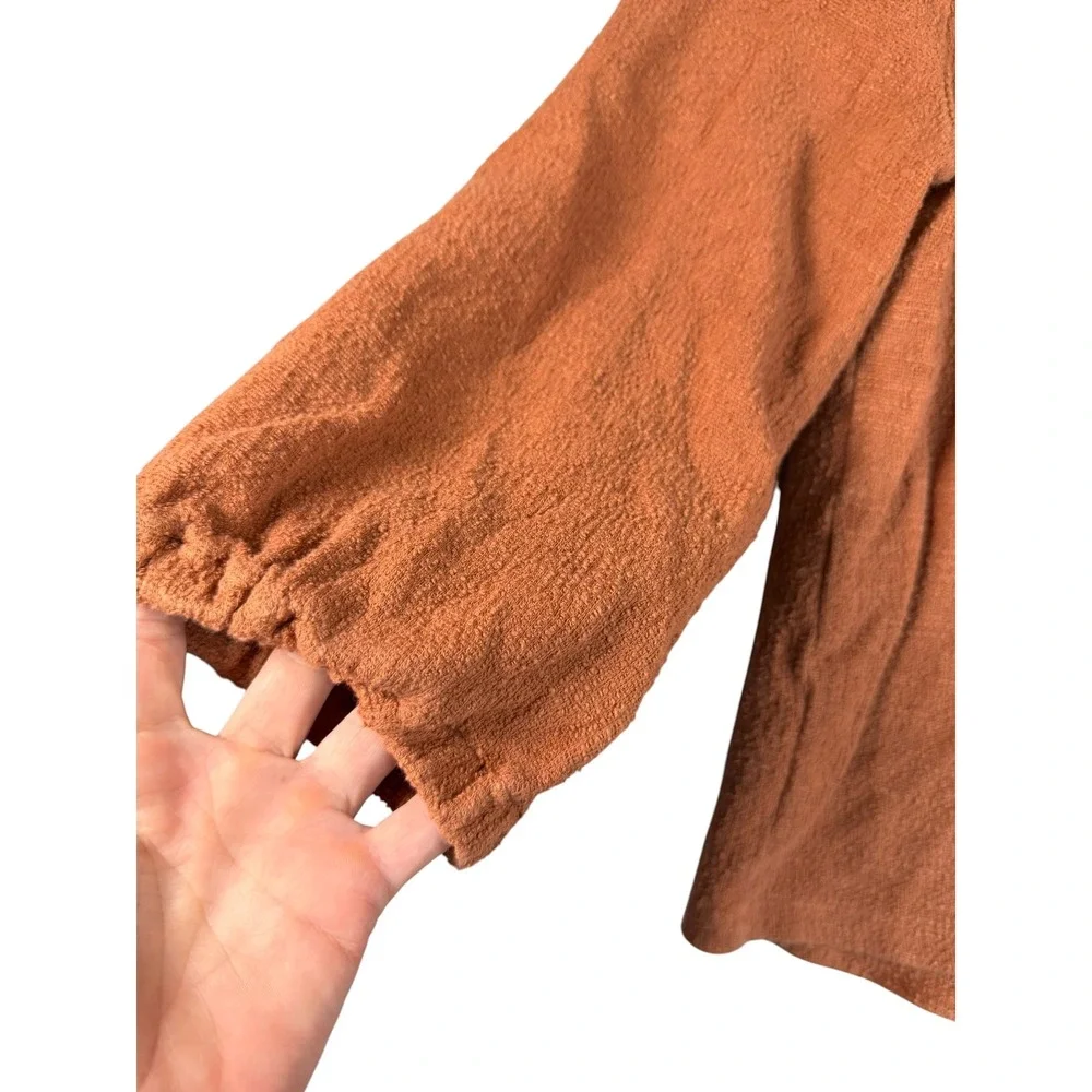 Madewell Womens Rust Orange Textured Slub Cotton V-Neck Puff Sleeve Top Small